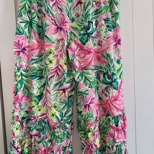 Tropical Floral Ruffle Pants in Pink & Green